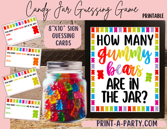 Gummy Bear Candy Jar Guessing Game – Printable Party Game Sign & Cards