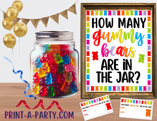 Gummy Bear Candy Jar Guessing Game – Printable Party Game Sign & Cards