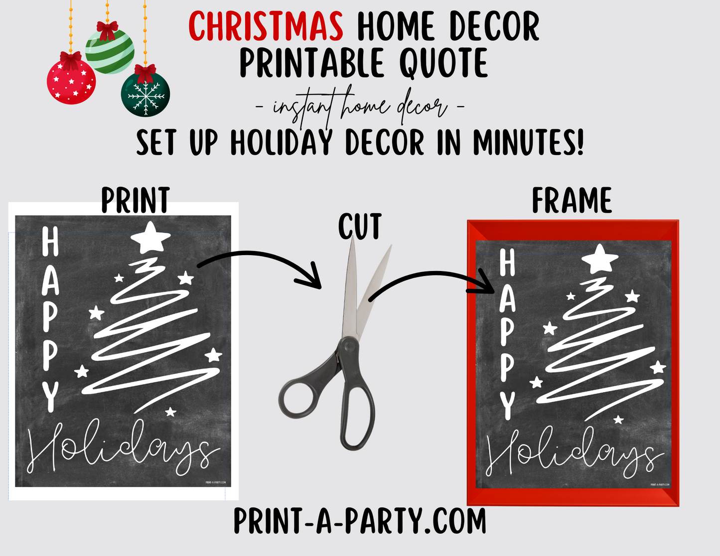 HAPPY HOLIDAYS Printable Christmas Sign, Instant Holiday Decor in 8x10 and 5x7 - Chalkboard