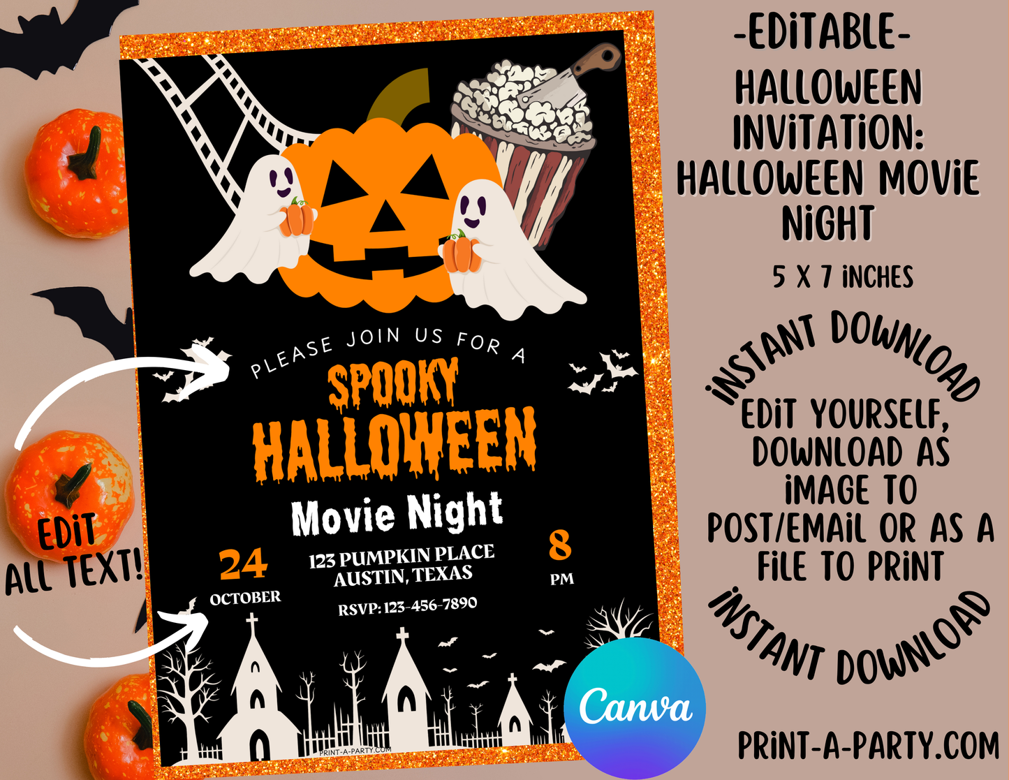 HALLOWEEN Editable Halloween Horror Movie Night Invitation – Customizable Template for Spooky Party Fun or Horror Movie Night
