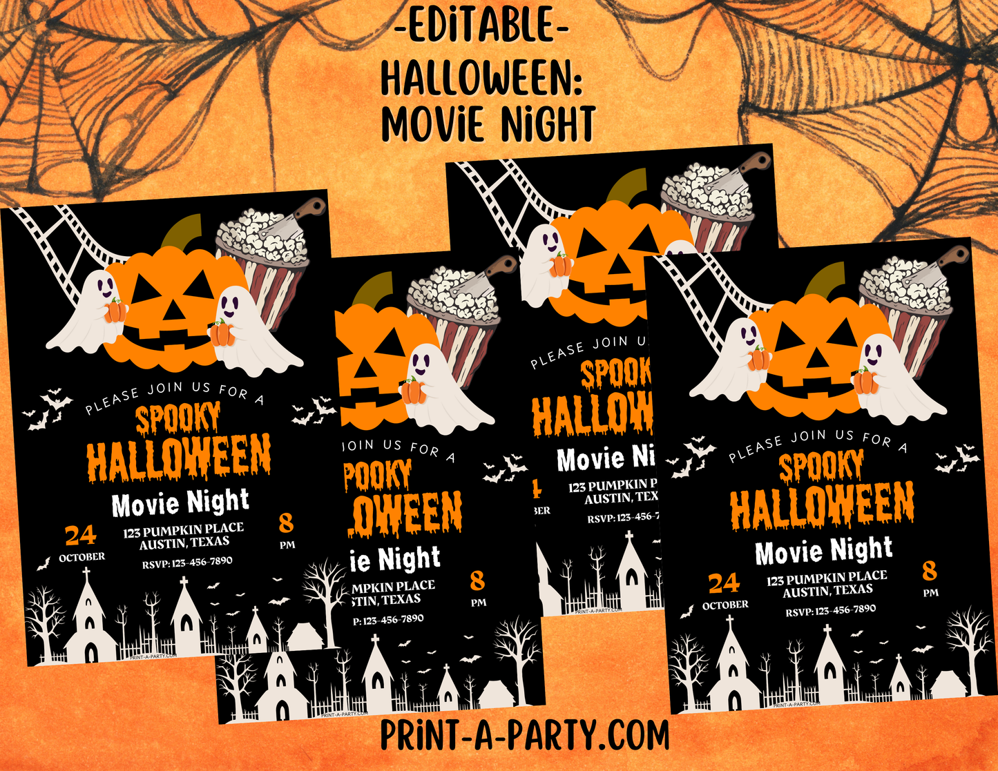 HALLOWEEN Editable Halloween Horror Movie Night Invitation – Customizable Template for Spooky Party Fun or Horror Movie Night
