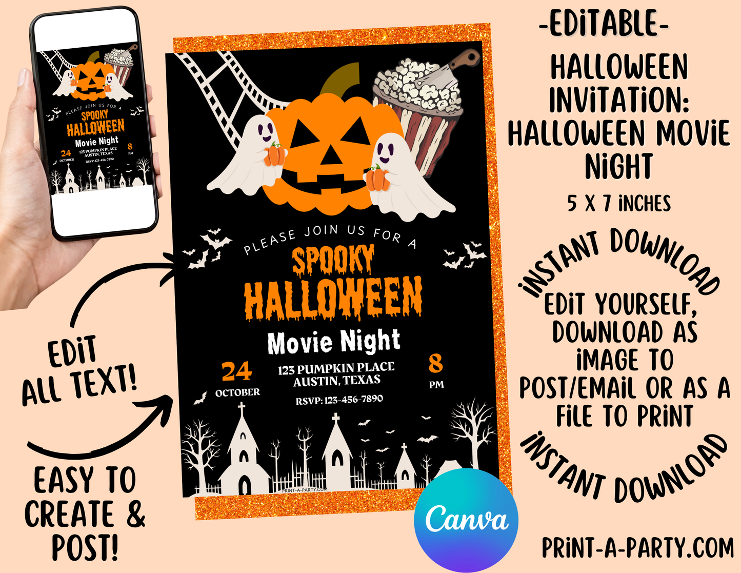 HALLOWEEN EDITABLE INVITATION: HALLOWEEN MOVIE NIGHT INVITATION - EDITABLE PRINTABLE | Halloween Movie Night Invite | Halloween Party Customization