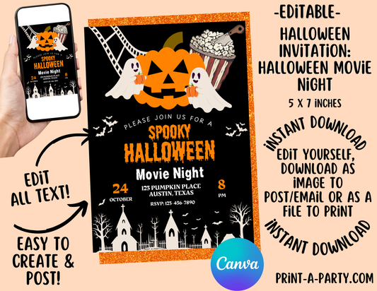 HALLOWEEN Editable Halloween Horror Movie Night Invitation – Customizable Template for Spooky Party Fun or Horror Movie Night