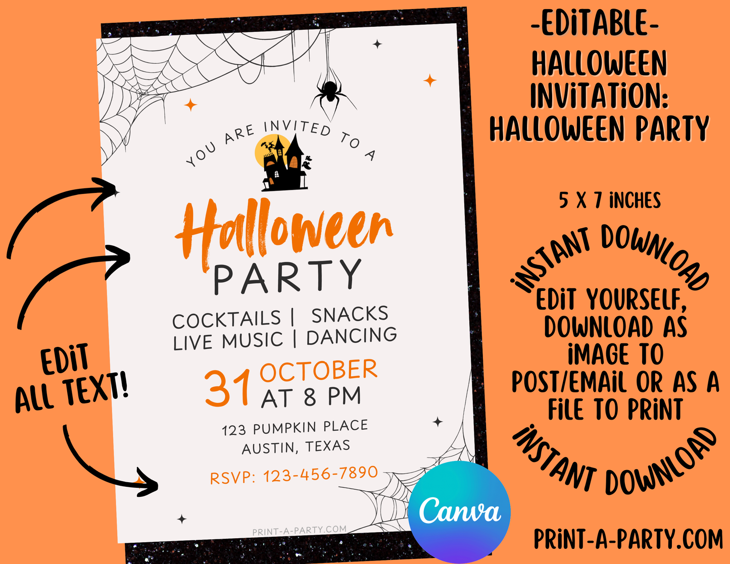 HALLOWEEN EDITABLE Party Invitation – Customizable Template for Instant Download & Post, Share or Print