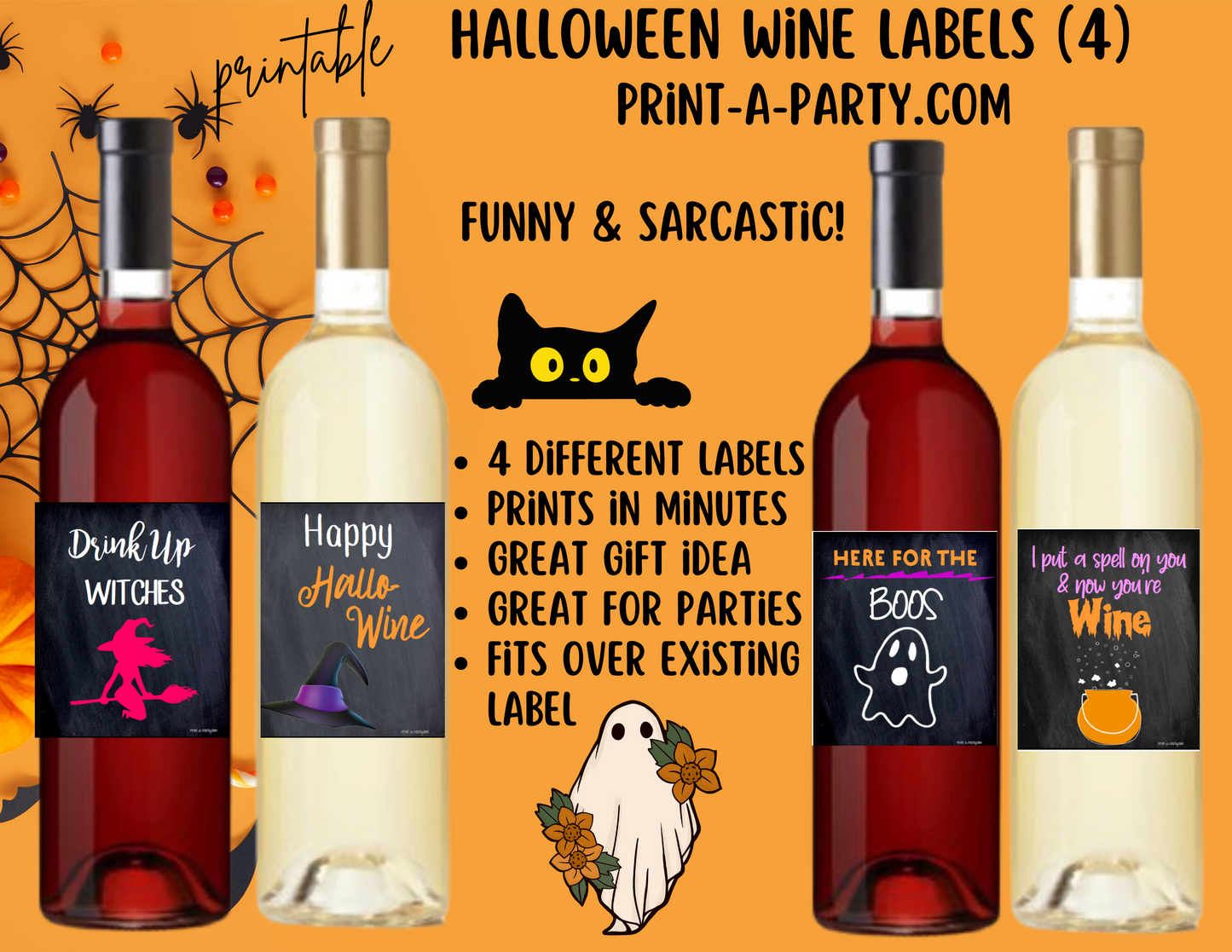WINE LABELS: Halloween Printable Wine Labels – Funny & Sarcastic Stickers for Spooky Parties and Host Gifts