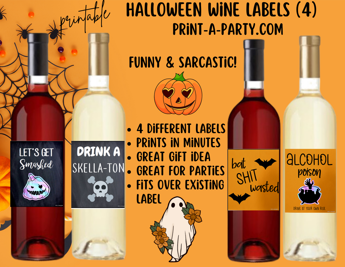 WINE LABELS: Halloween Printable Wine Labels – Funny & Sarcastic Stickers for Spooky Parties and Host Gifts
