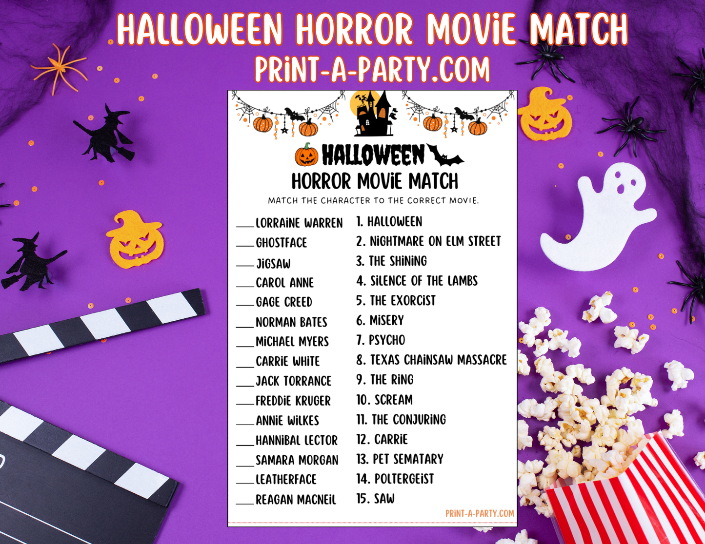 Printable Halloween Horror Movie Matching Game – Scary Movie Party Game, Instant Download