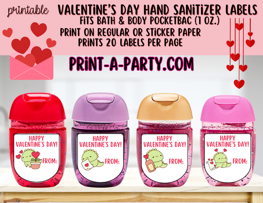 DIY Valentine’s Day Hand Sanitizer Labels -Dinosaur theme – Printable Classroom Valentines for PocketBac 1 oz Bottles