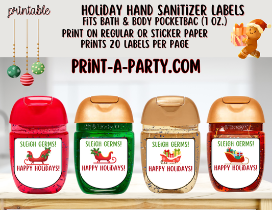 DIY Holiday Hand Sanitizer Labels -Sleigh theme – Printable Holiday tags for PocketBac 1 oz bottles