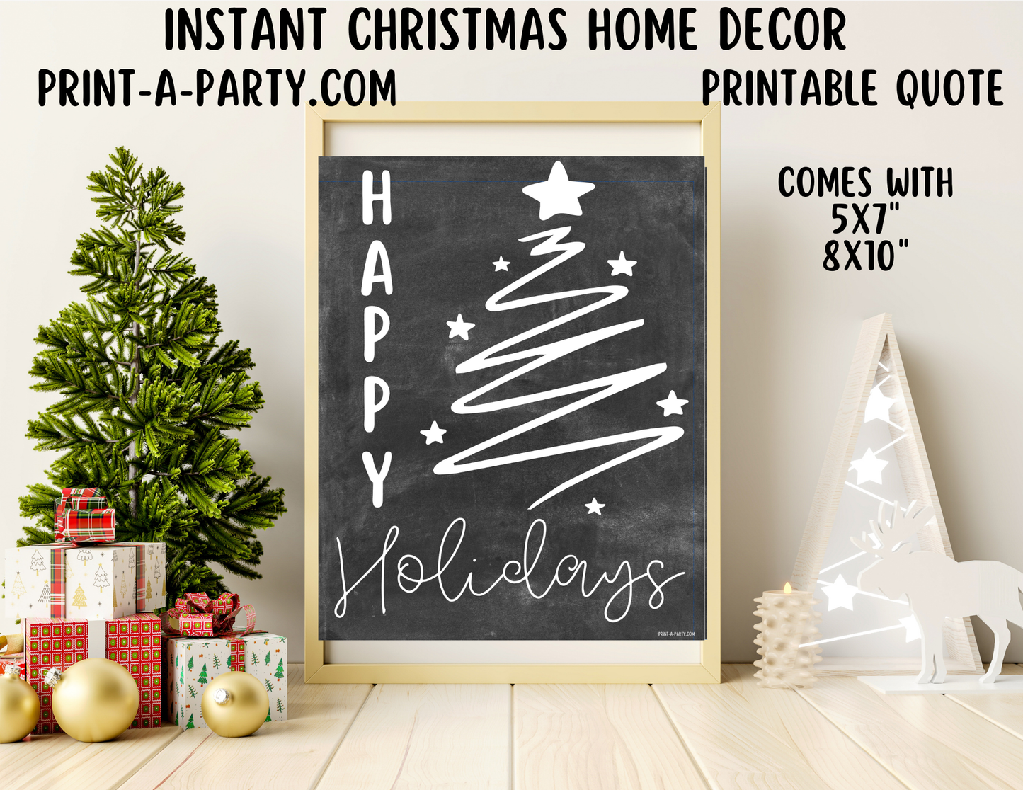HAPPY HOLIDAYS Printable Christmas Sign, Instant Holiday Decor in 8x10 and 5x7 - Chalkboard