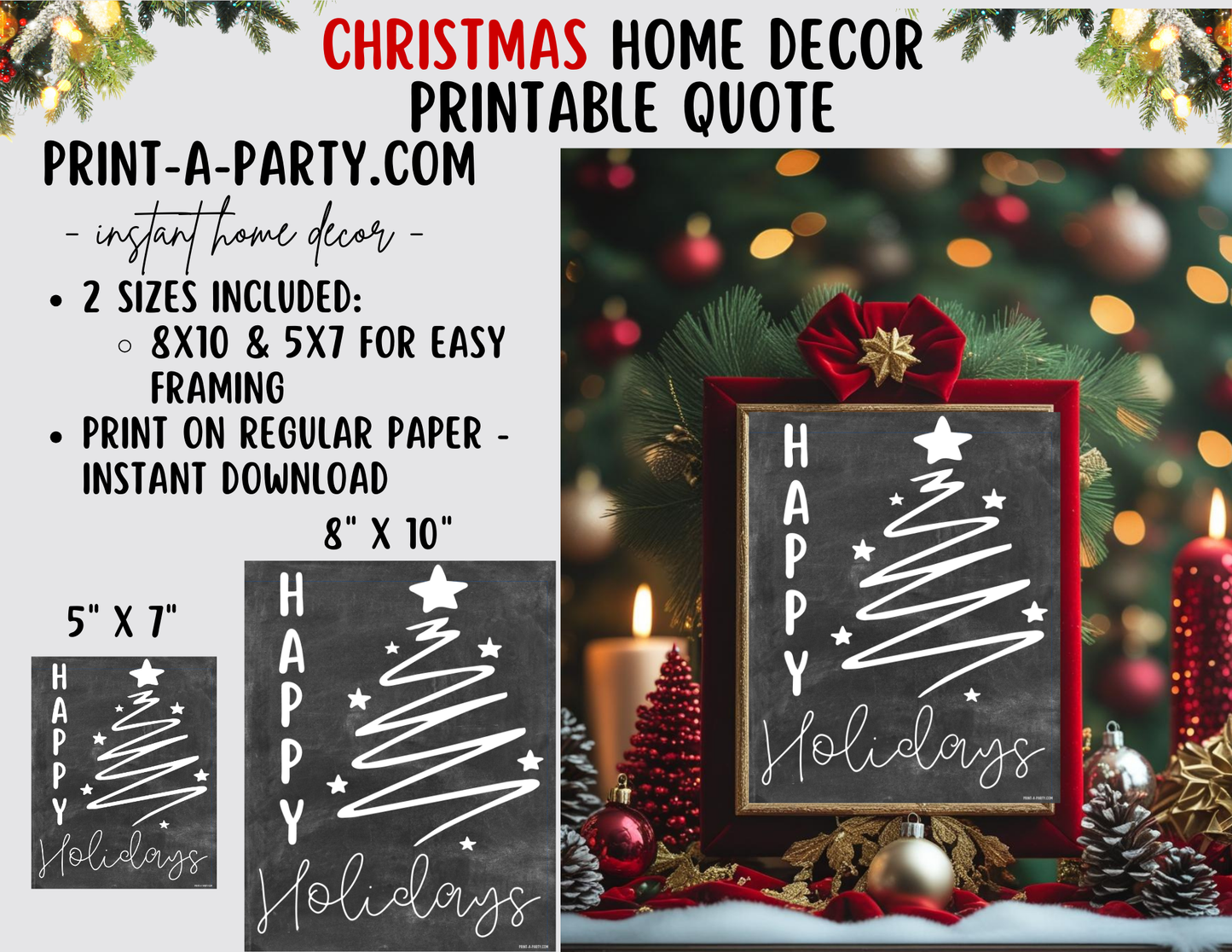 HAPPY HOLIDAYS Printable Sign chalkboard | Holiday Wall Art | Christmas Quote Word Art | 8x10 and 5x7 Instant Download