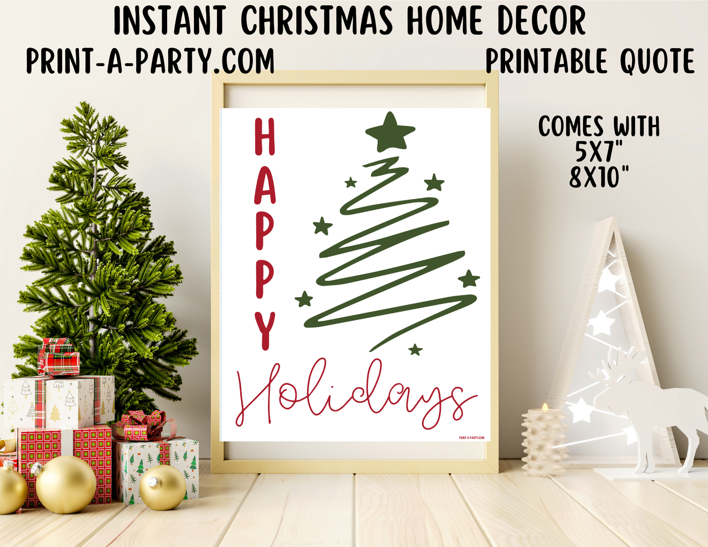 HAPPY HOLIDAYS Printable Christmas Sign, Instant Holiday Decor in 8x10 and 5x7