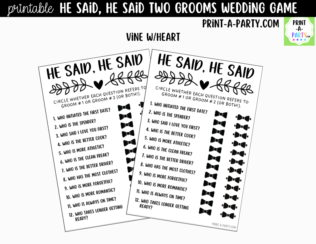 He Said, He Said Gay Bridal Shower Game Printable