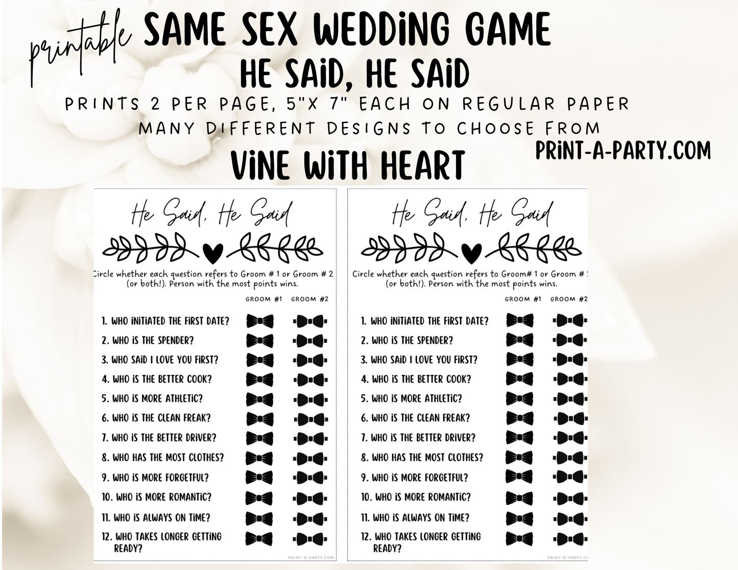 HE SAID, HE SAID: Same Sex Wedding Shower Game LGBTQ+ | Printable Same Sex Wedding Games | Instant Download