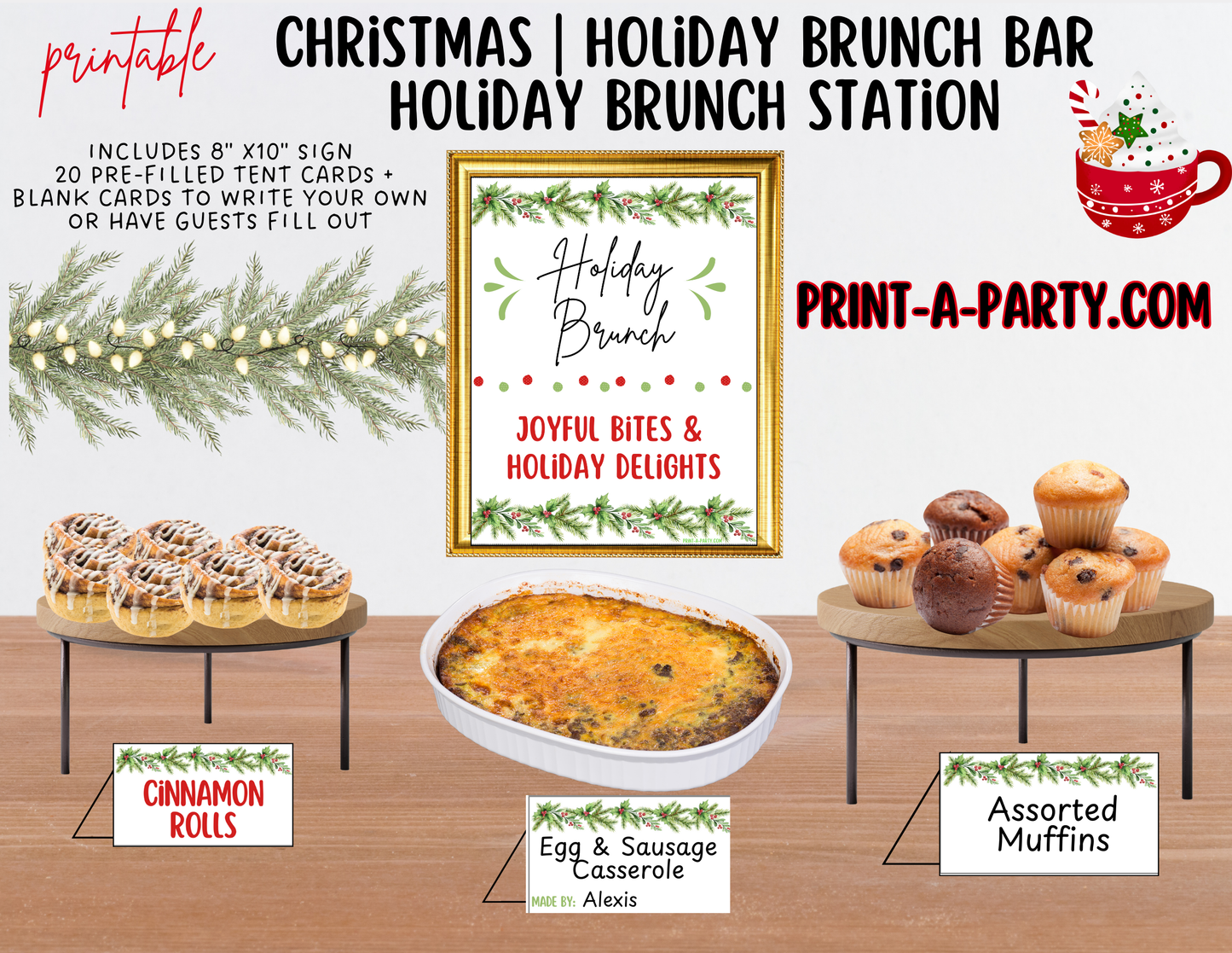 Christmas Brunch Bar Sign & Food Tent Cards | Printable Holiday Breakfast Decorations | 8x10 Sign + Printable Buffet Labels
