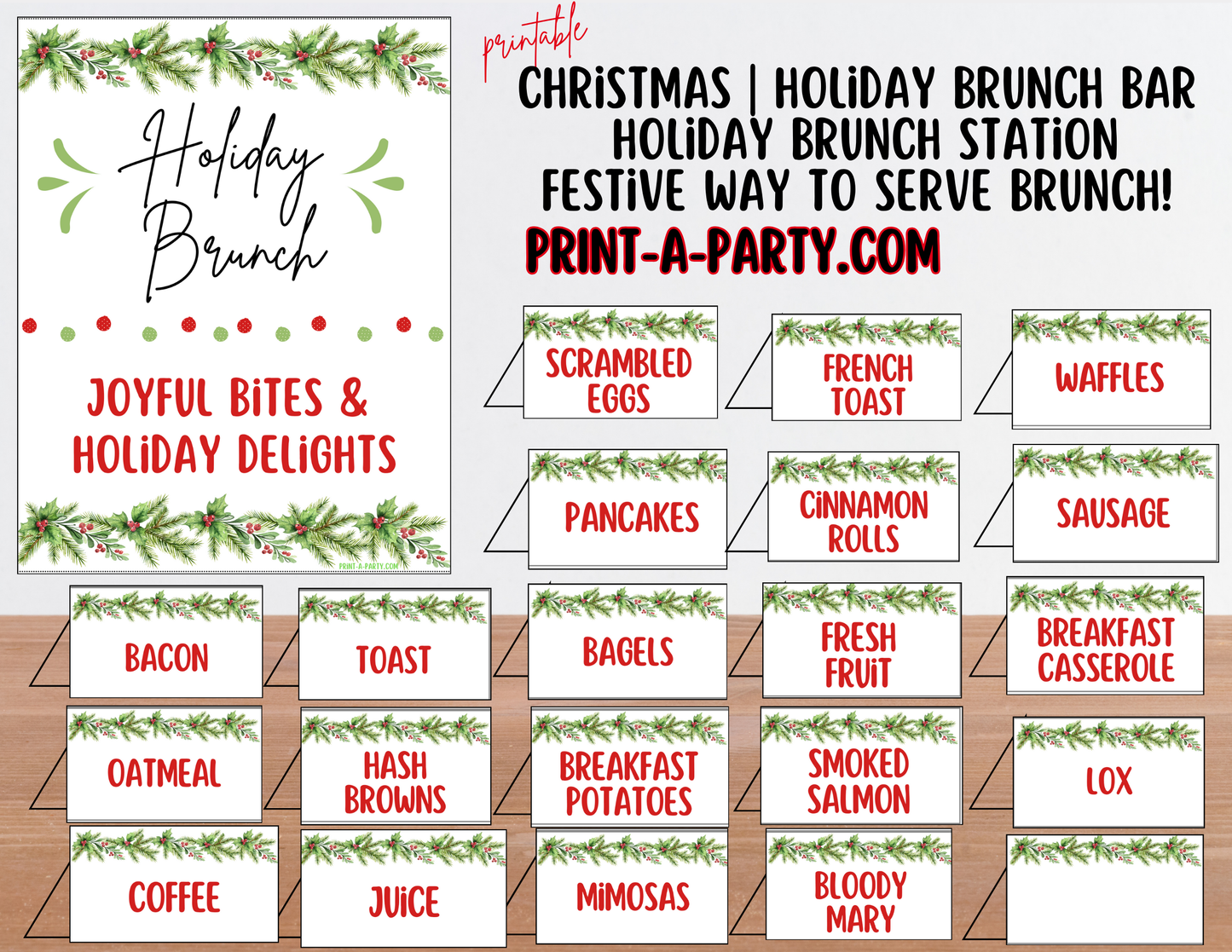 Christmas Brunch Bar Sign & Food Tent Cards | Printable Holiday Breakfast Decorations | 8x10 Sign + Printable Buffet Labels