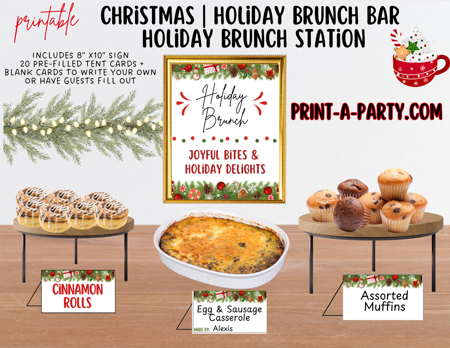 Christmas Brunch Bar Sign & Food Tent Cards | Printable Holiday Breakfast Decorations | 8x10 Sign + Printable Buffet Labels