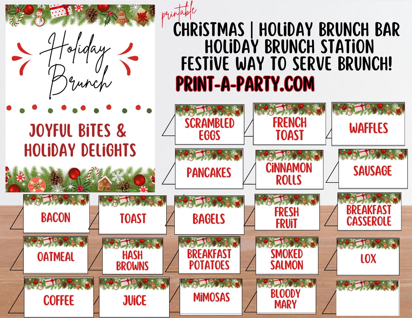Christmas Brunch Bar Sign & Food Tent Cards | Printable Holiday Breakfast Decorations | 8x10 Sign + Printable Buffet Labels