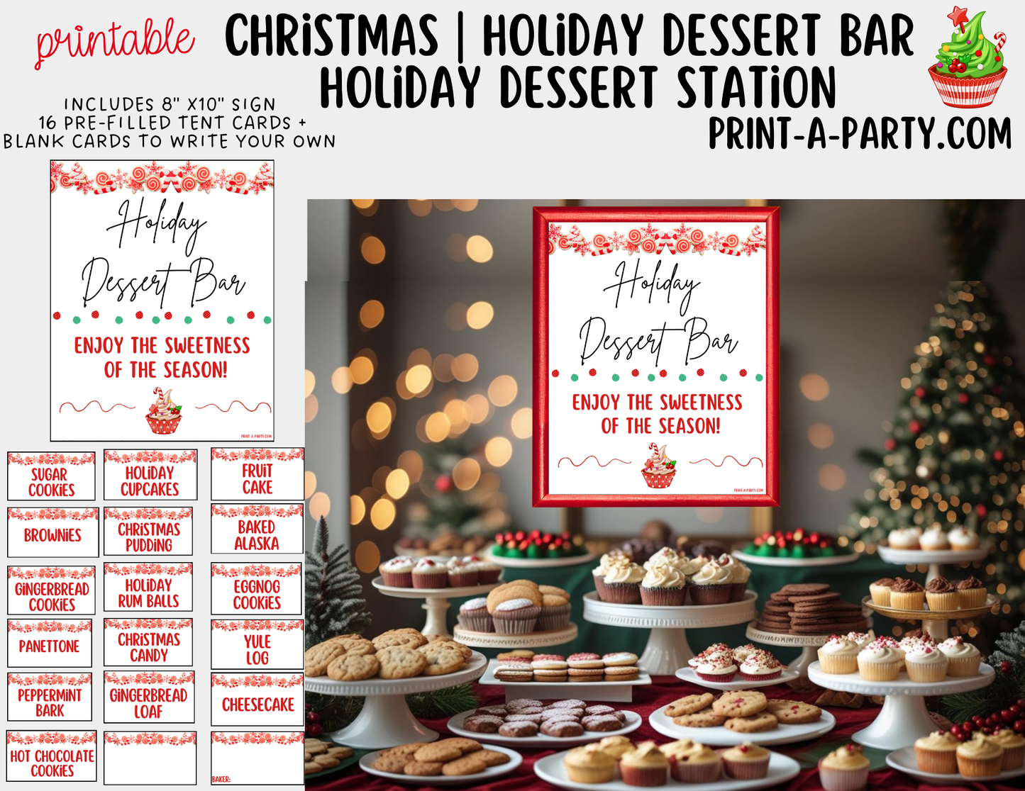 Christmas Holiday Dessert Bar Printable Kit | Dessert Station Sign + Tent Cards | Christmas Party Decorations
