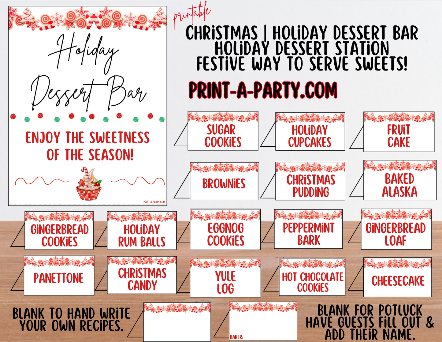 Christmas Holiday Dessert Bar Printable Kit | Dessert Station Sign + Tent Cards | Christmas Party Decorations