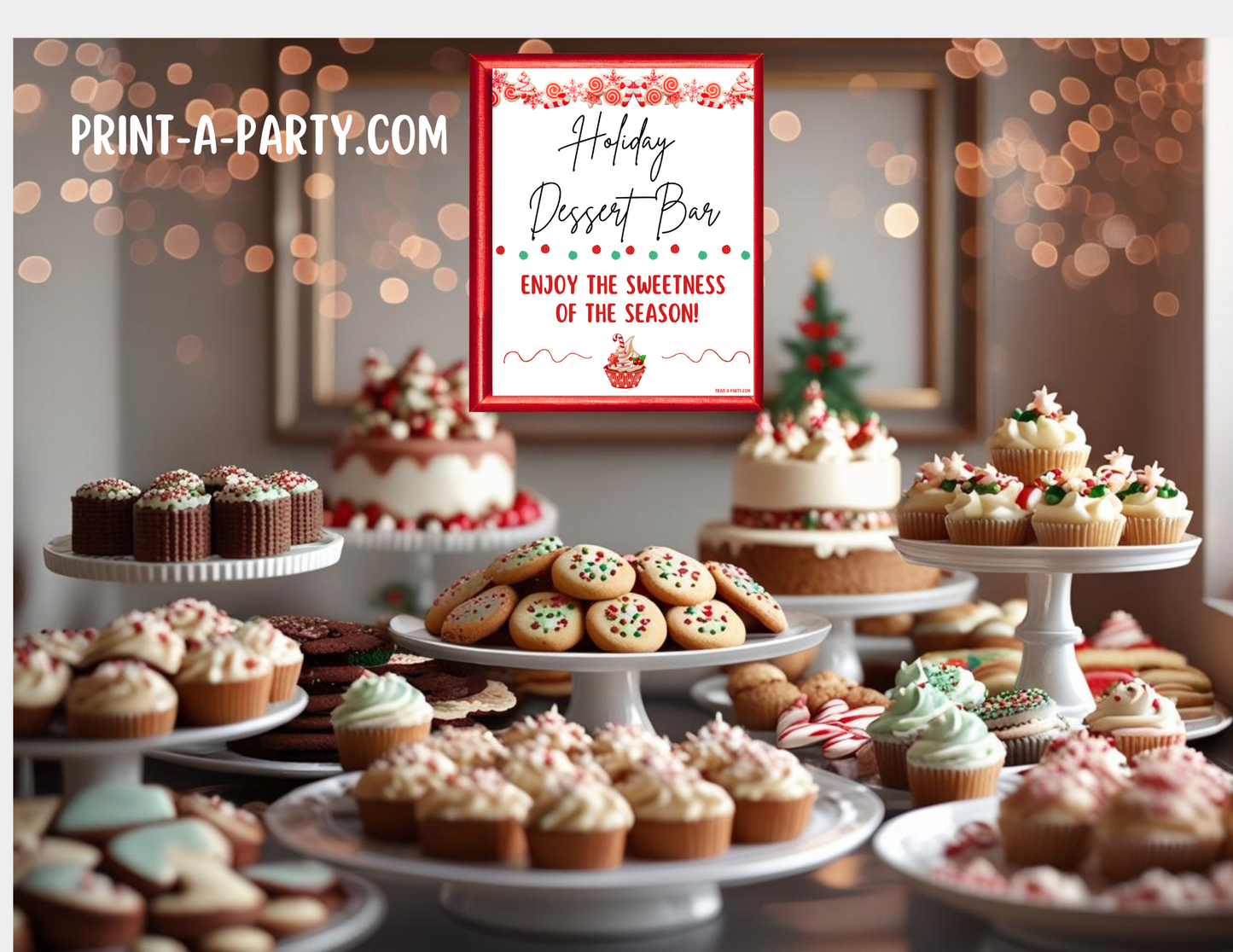 Christmas Holiday Dessert Bar Printable Kit | Dessert Station Sign + Tent Cards | Christmas Party Decorations