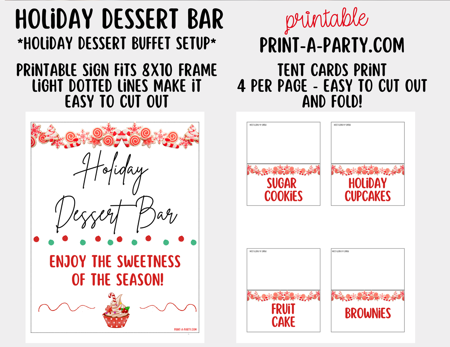 Christmas Holiday Dessert Bar Printable Kit | Dessert Station Sign + Tent Cards | Christmas Party Decorations
