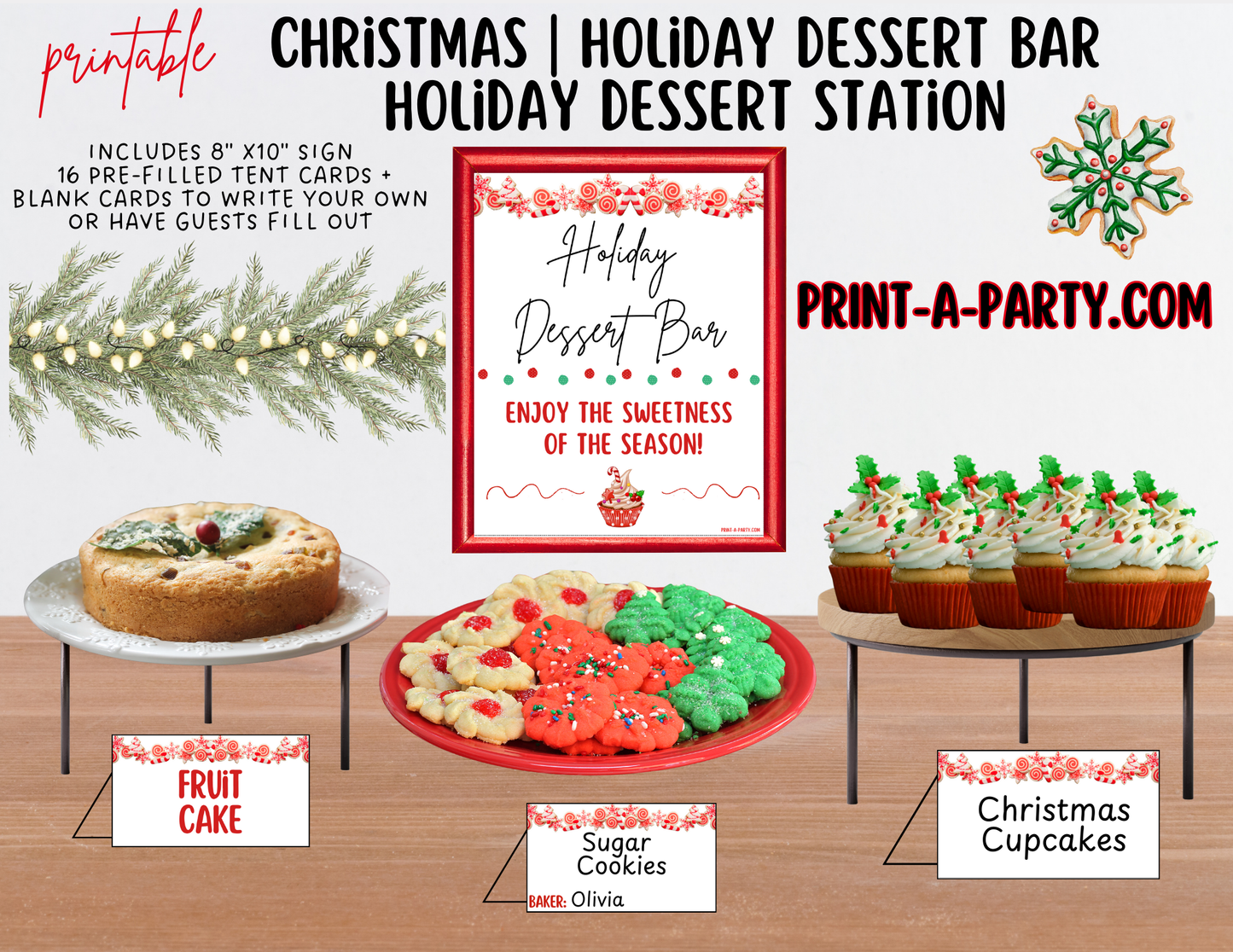 Christmas Holiday Dessert Bar Printable Kit | Dessert Station Sign + Tent Cards | Christmas Party Decorations