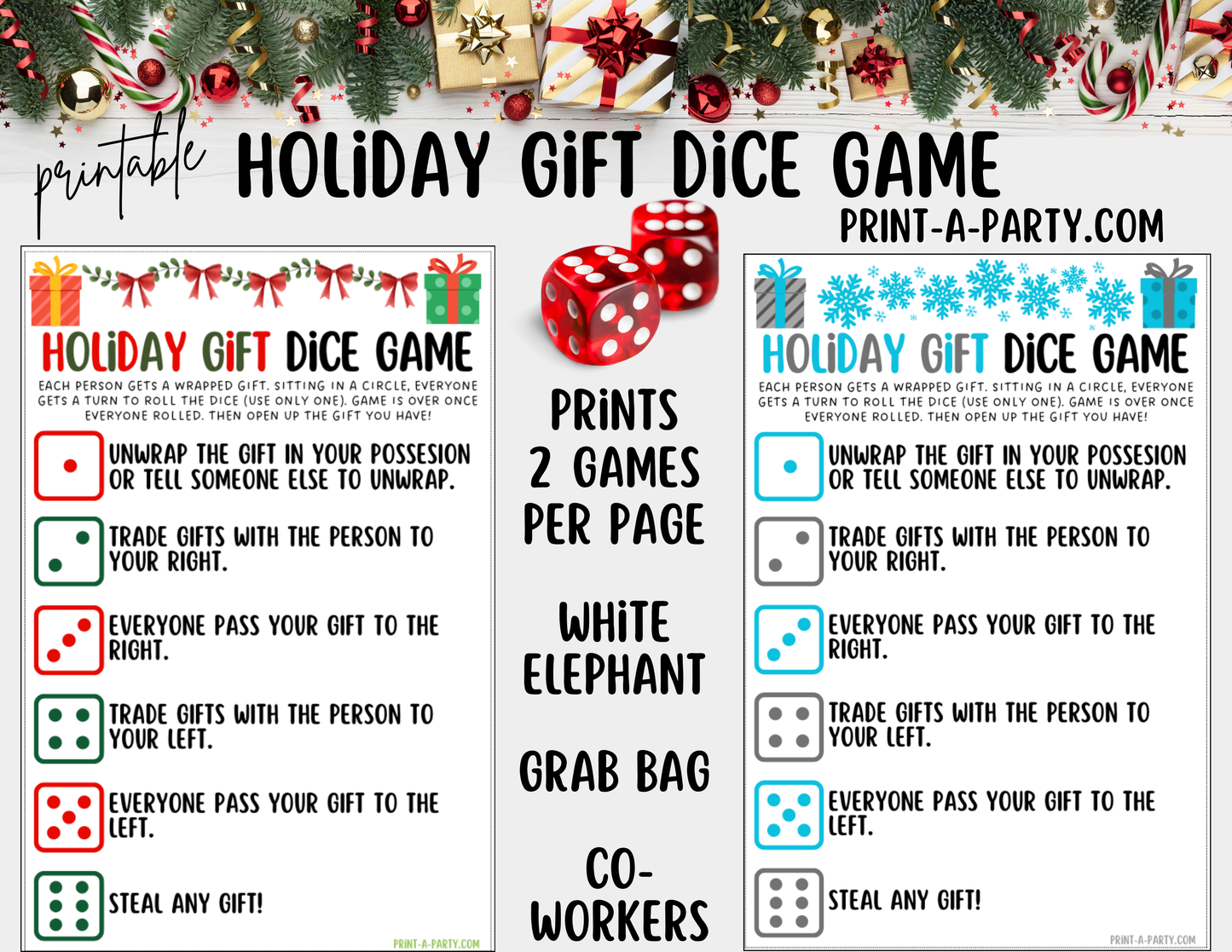 DICE GAME- Printable Holiday Dice Game – Fun Christmas Gift Exchange Party Activity (White Elephant, Secret Santa, Grab Bag)