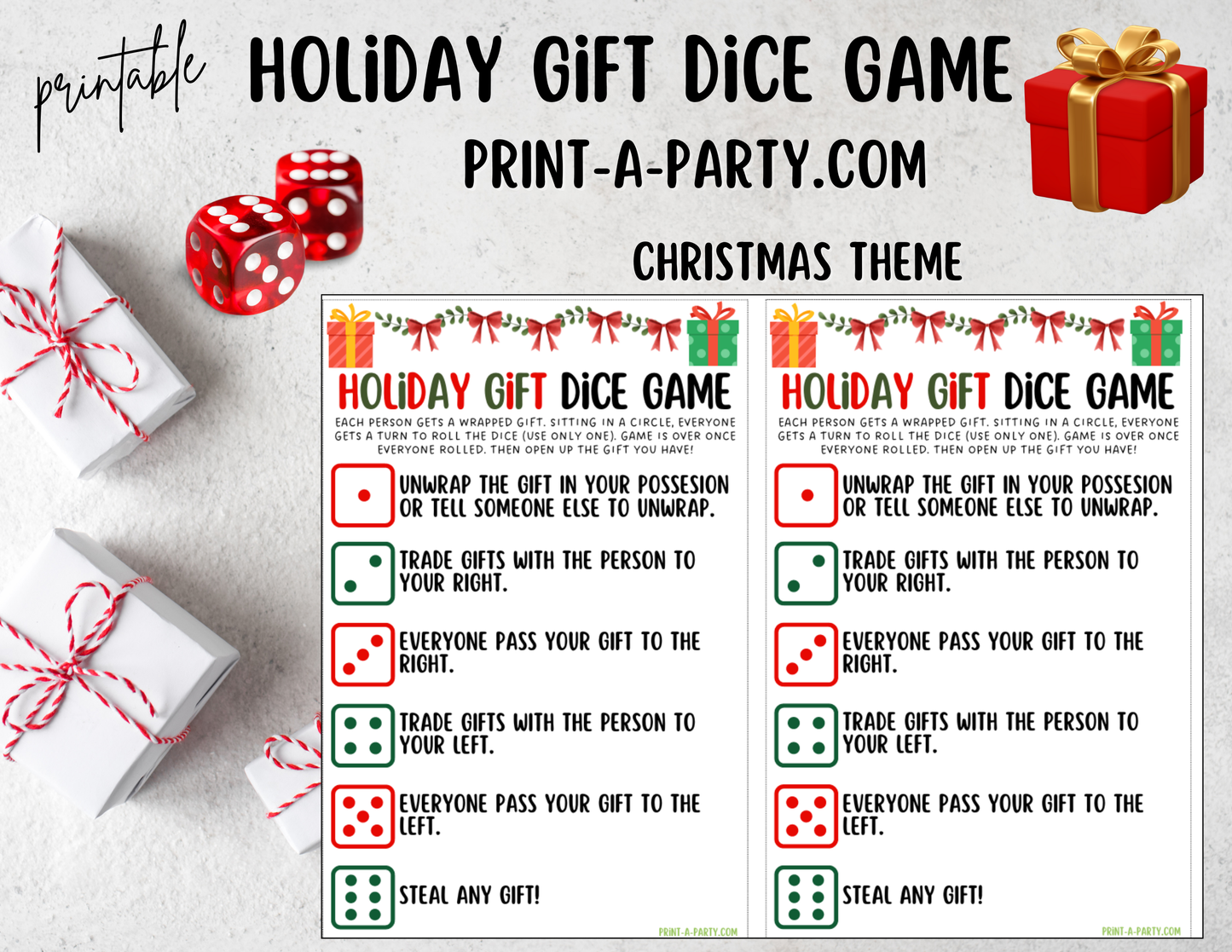 DICE GAME- Printable Holiday Dice Game – Fun Christmas Gift Exchange Party Activity (White Elephant, Secret Santa, Grab Bag)
