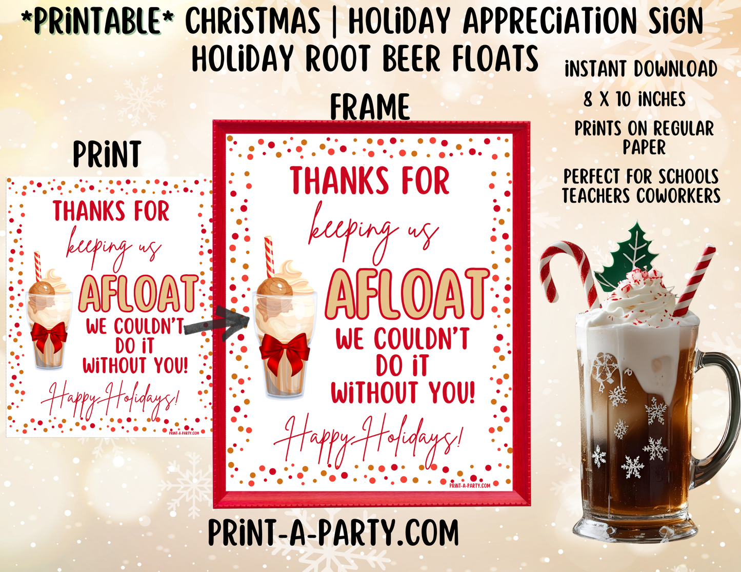 Appreciation Sign: Holiday ROOT BEER FLOAT BAR- Printable Holiday Root Beer Float Bar Sign – Festive 8x10 Appreciation Decor for Staff, Teachers & Volunteers