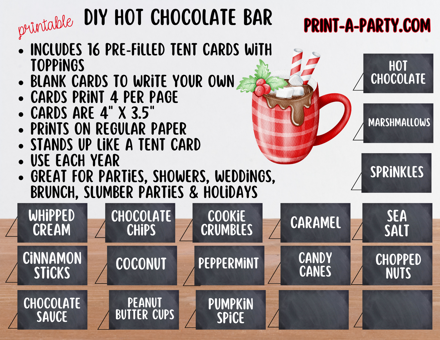 HOT CHOCOLATE BAR - Printable Holiday Hot Cocoa Bar Chalkboard – Festive DIY Christmas Party Decor and Setup