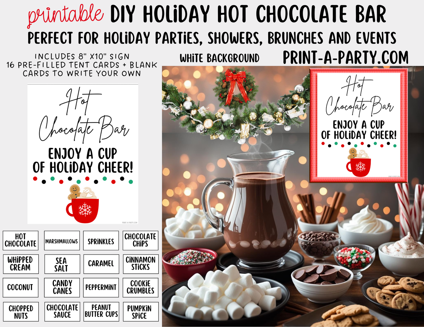 HOT CHOCOLATE BAR - Printable Holiday Hot Cocoa Bar White – Festive DIY Christmas Party Decor and Setup