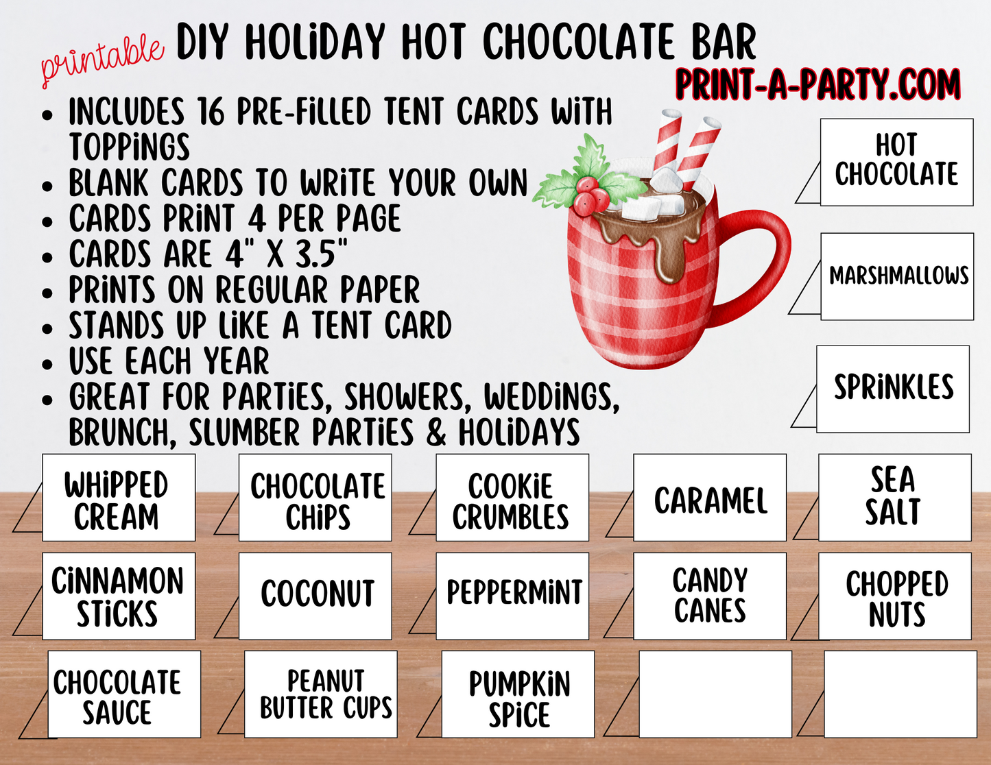 HOT CHOCOLATE BAR - Printable Holiday Hot Cocoa Bar White – Festive DIY Christmas Party Decor and Setup