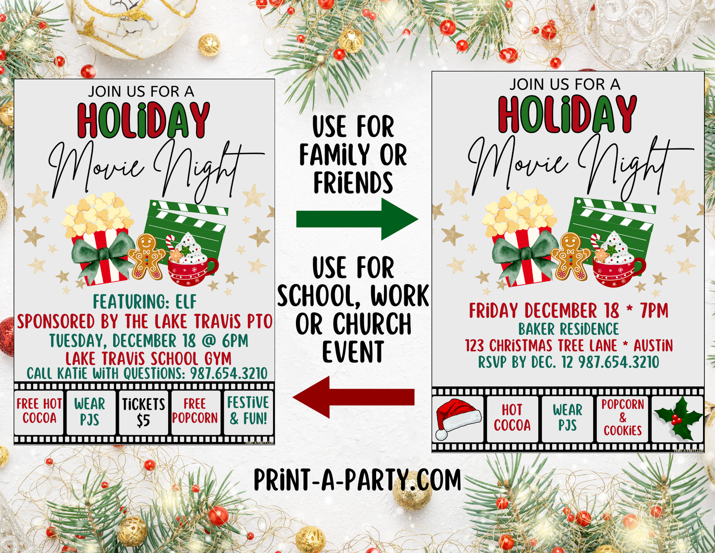 HOLIDAY MOVIE NIGHT Editable Invitation Template – Customizable Festive Invite for School, Work & Church Events