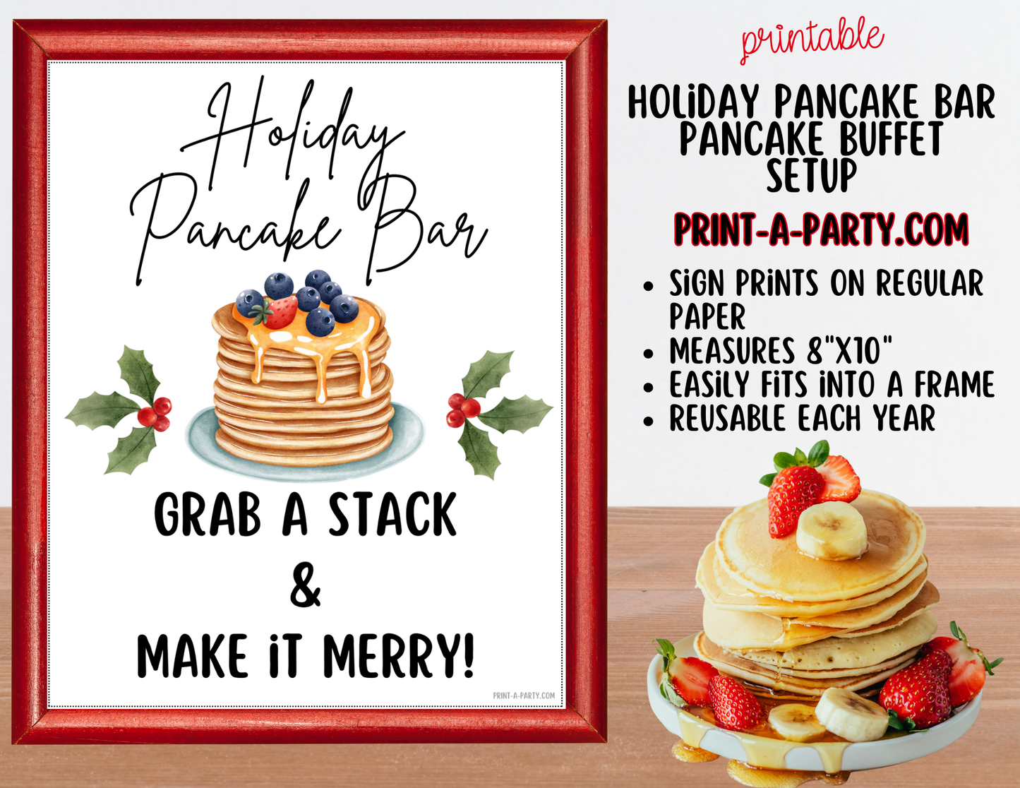 PANCAKE BAR - Printable Holiday Pancake Bar Sign & Topping Labels - Christmas Breakfast or Holiday Brunch Party Decor