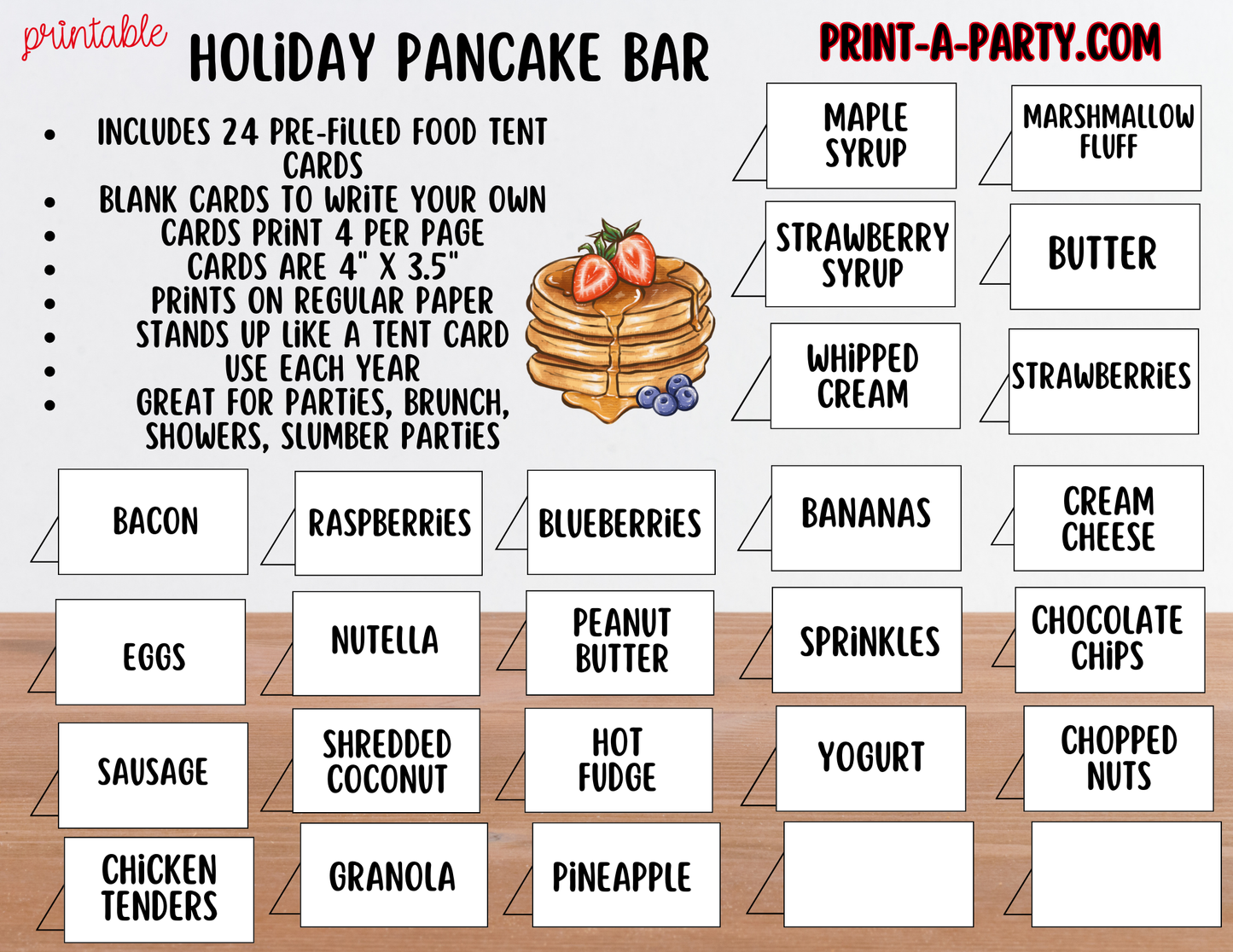 PANCAKE BAR - Printable Holiday Pancake Bar Sign & Topping Labels - Christmas Breakfast or Holiday Brunch Party Decor