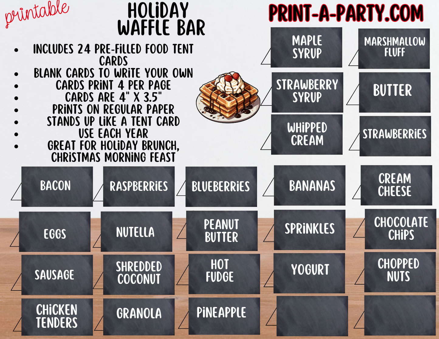 WAFFLE BAR - Printable Christmas Waffle Bar Setup – Holiday Breakfast Bar Sign & Tent Cards