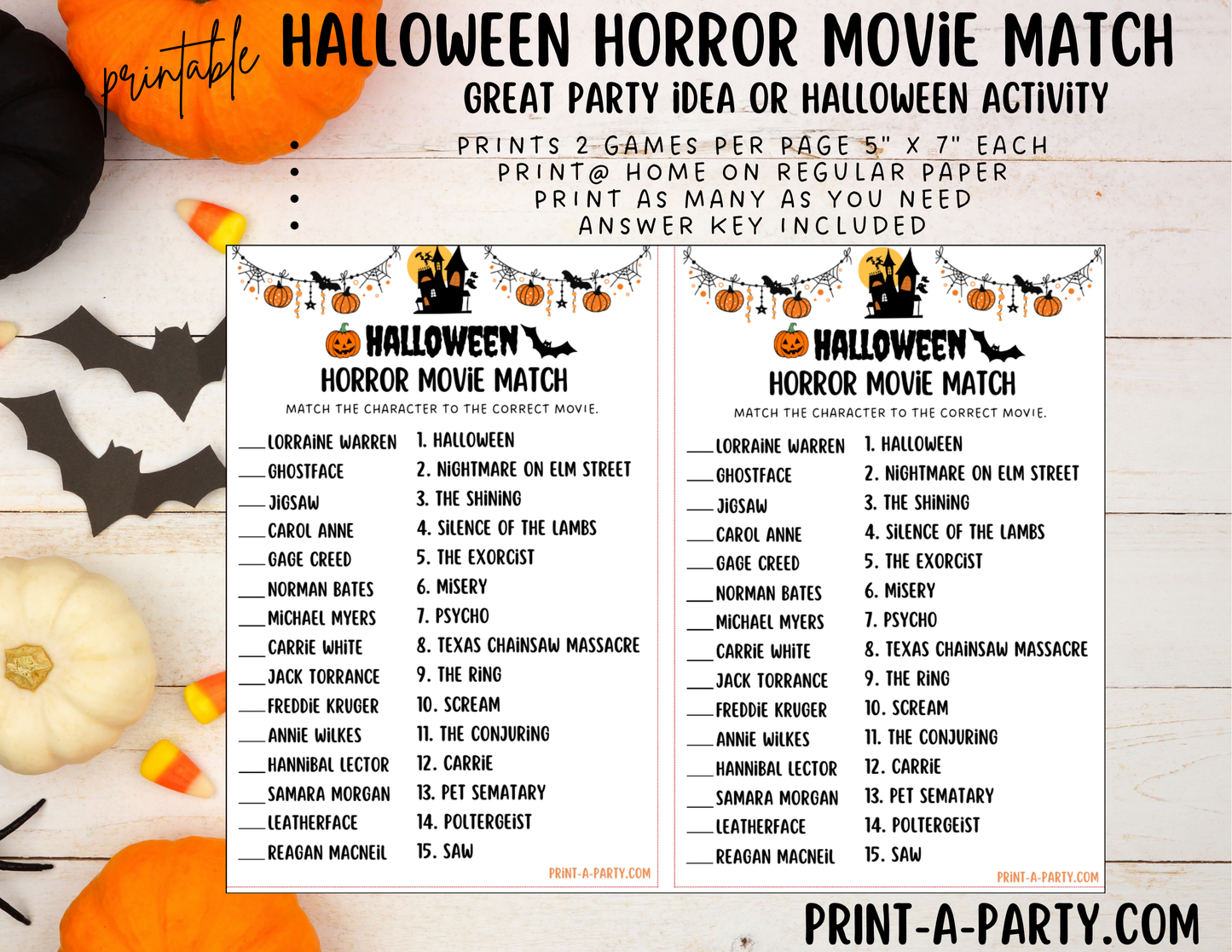 Printable Halloween Horror Movie Matching Game – Scary Movie Party Game, Instant Download