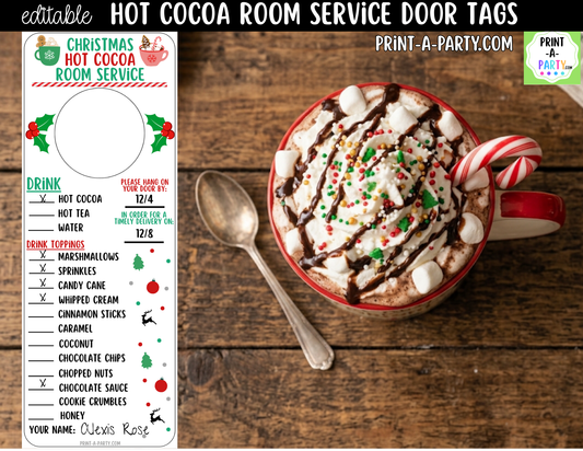 Editable Hot Cocoa Room Service Door Tags - Printable Christmas Appreciation Gift for Teachers and Staff