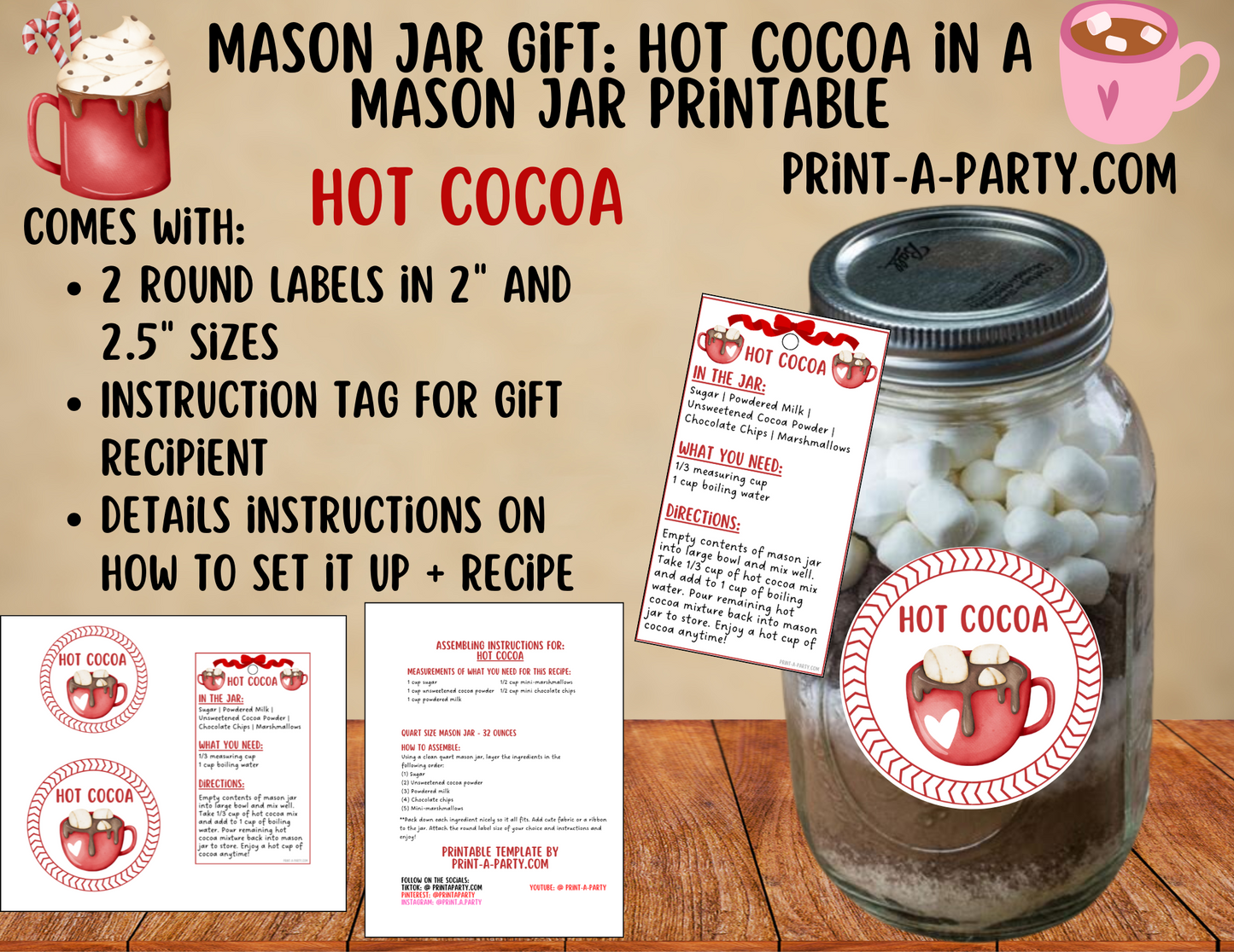 MASON JAR GIFT: Hot Cocoa in a Mason Jar Printable Kit - DIY Gift Idea for Christmas, Valentine’s Day, & Winter Celebrations