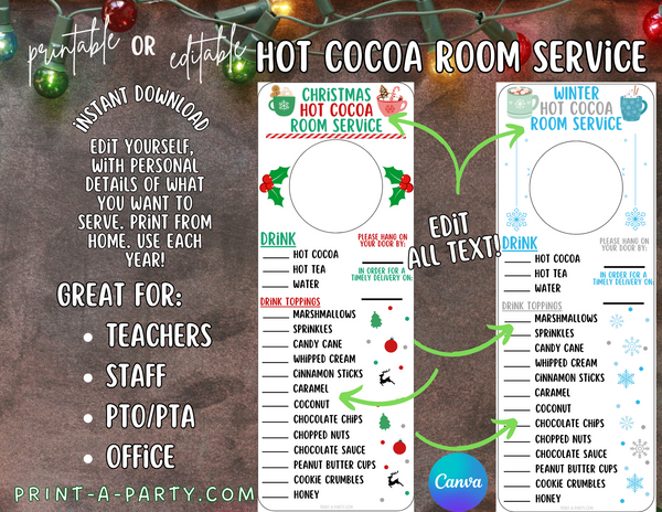 HOT COCOA ROOM SERVICE DOOR TAGS - EDITABLE OR PRINTABLE | Holiday Appreciation | Teacher, School, Staff, Volunteer, Nurse, Employees | Appreciation Holiday