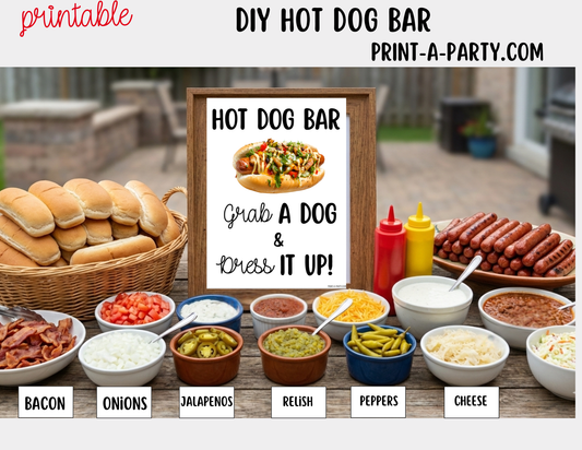 Hot Dog Bar Set – Printable Food Station Sign & Topping Tent Cards for Cookouts, Holidays, and Events