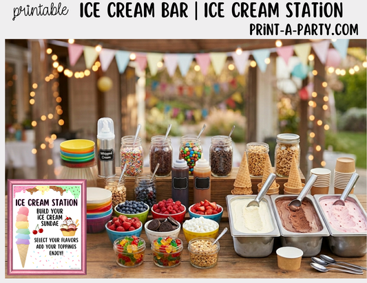 Ice Cream Sundae Bar Printable Sign (8x10) & Topping Tent Cards for Parties and Celebrations