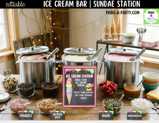 Editable Ice Cream Bar Printable Sign (8x10) and Topping Tent Cards - Printable Sundae Bar for Parties and Dessert Tables