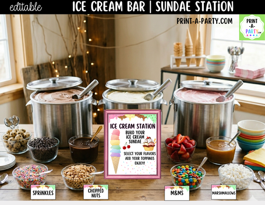 Editable Ice Cream Bar Printable Sign (8x10) and Topping Tent Cards - Printable Sundae Bar for Parties and Dessert Tables