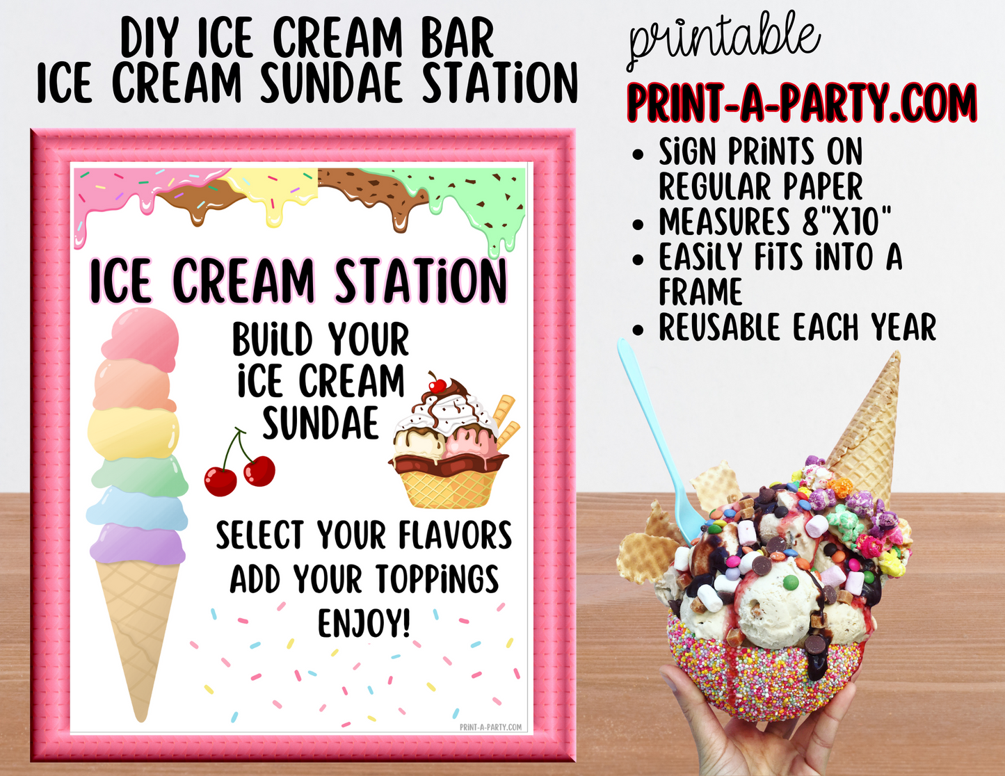 ICE CREAM BAR | ICE CREAM SUNDAE STATION - White | Ice Cream Bar Sign | Food Station for Party | Party Food Bar | Party | Classroom | DIY Ice Cream Sundae Bar