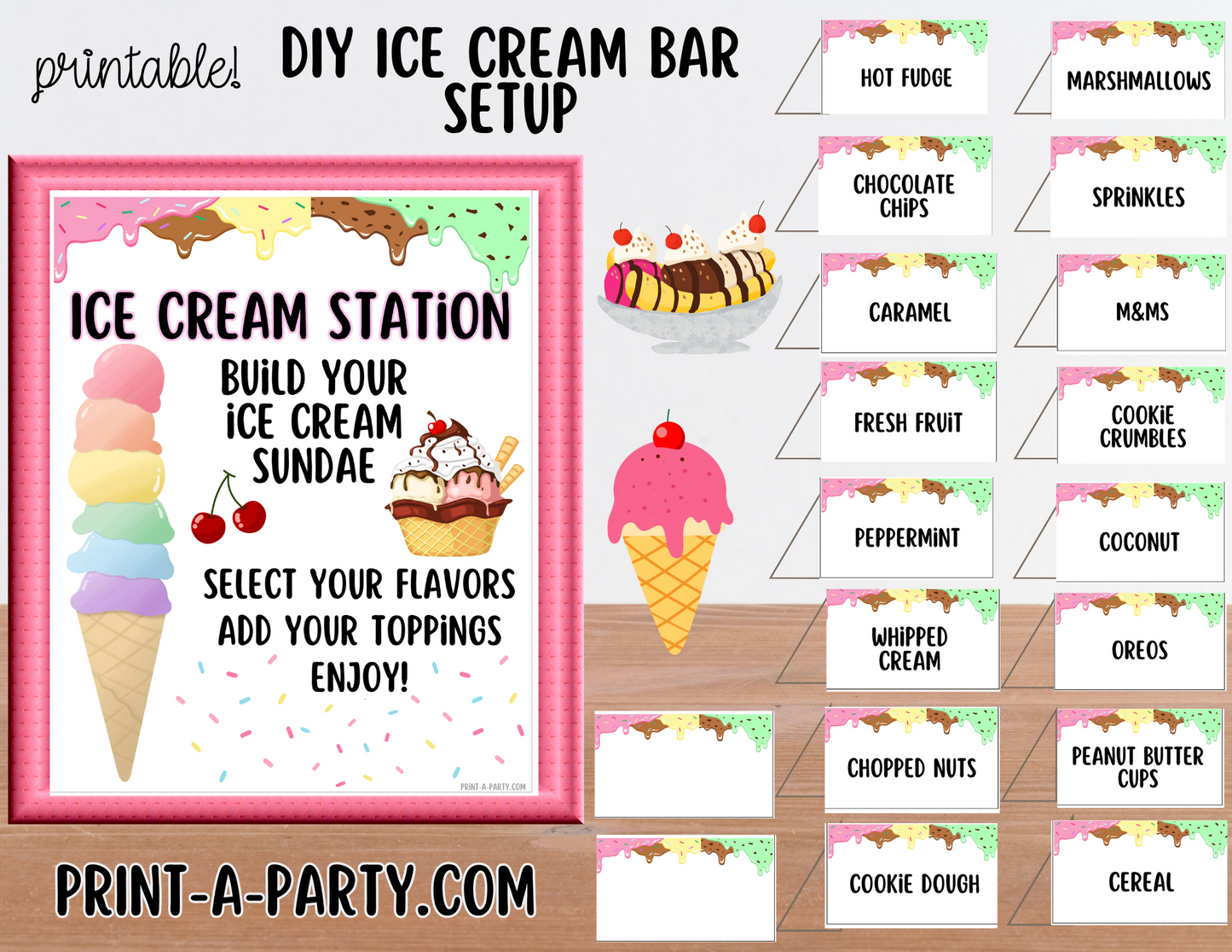 ICE CREAM BAR | ICE CREAM SUNDAE STATION - White | Ice Cream Bar Sign | Food Station for Party | Party Food Bar | Party | Classroom | DIY Ice Cream Sundae Bar