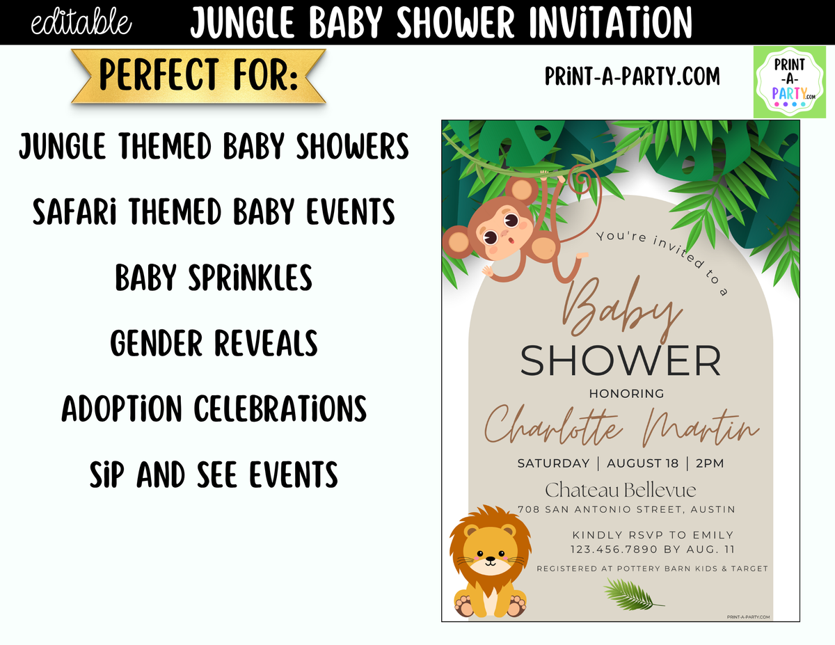 Jungle Baby Shower Invitation | Editable Canva Template