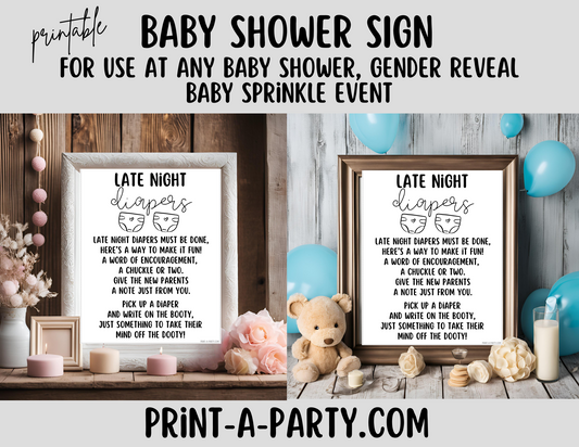 LATE NIGHT DIAPERS Game Sign Printable - Fun Baby Shower Game for Gender Reveals, Sprinkles and Adoption Celebrations