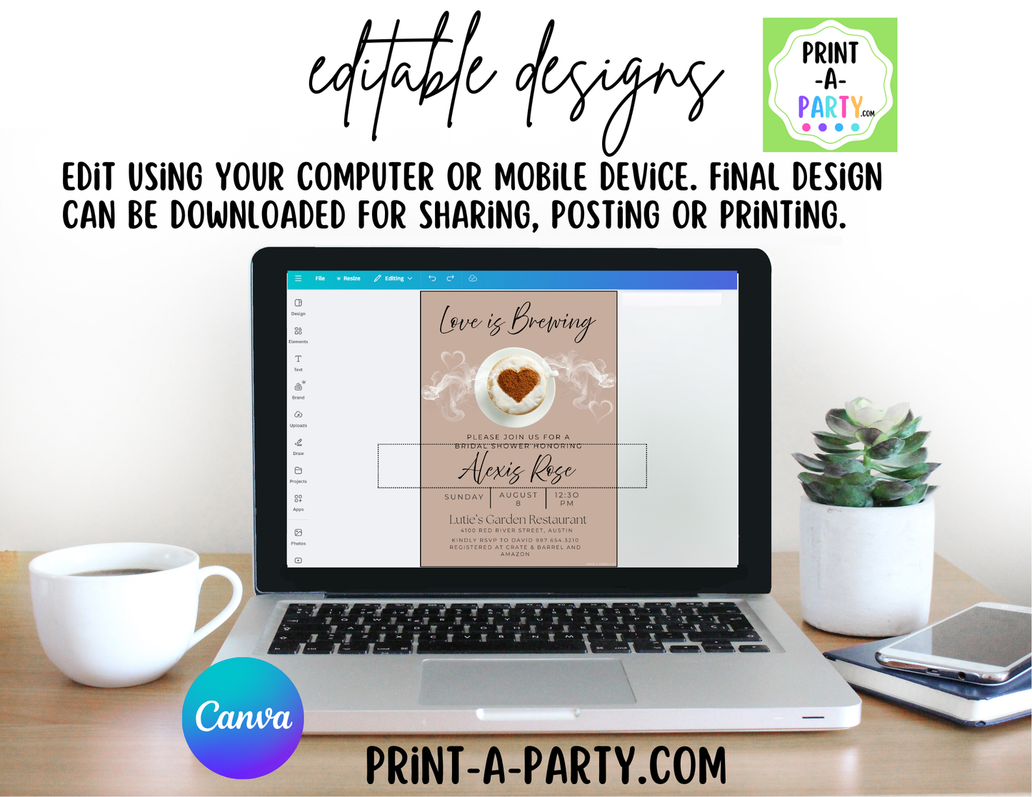 EDITABLE WEDDING EVENT INVITATION: Love Is Brewing - Bridal Shower, Brunch, Save The Date, Editable Invite for posting or printing | Coffee Theme 2